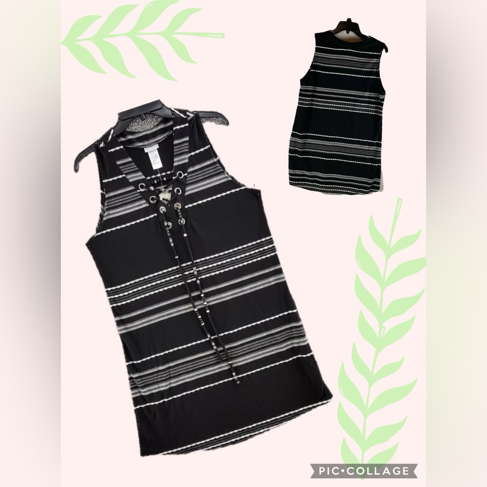 DOTTI Swim Cover-Up or mini lace up front dress black white stripes Size L EUC